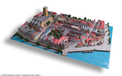 878027 Bewerkte afbeelding van de maquette van het noordoostelijk deel van Wijk C in de vaste opstelling van het ...